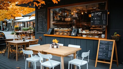 Step into a cozy atmosphere at a beautiful autumn-themed cafe where orange leaves and warm lighting create a welcoming space for relaxation and enjoyment