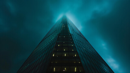 Un grattacielo imponente riflette la luce delle finestre LED su un cielo blu in movimento, simbolo di modernità, dinamismo e innovazione urbana.
