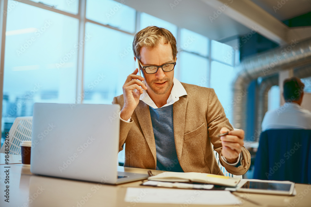 Poster man, phone call and research with notes, documents and laptop for connection at digital agency as ar