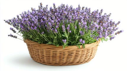 Beautiful lavender bouquet in a woven basket on a white background showcasing vibrant colors