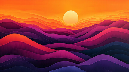 a repetitive design of wavy lines mimicking the horizon, transitioning from bright orange to deep purple in a rhythmic flow, The September Equinox
