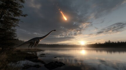 Cosmic collision: the fall of an asteroid with its fragments, depicting the destruction and chaos...