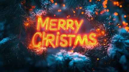 A Merry Christmas text art glowing in neon lights against a dark, snowy background, framed with evergreen branches.