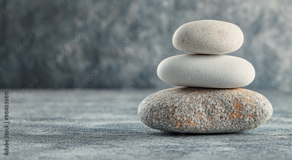 Poster a balanced stack of smooth stones resting on a textured surface in natural light