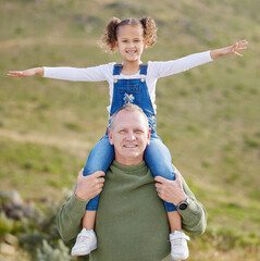 Love, airplane and portrait of old man and granddaughter in nature for freedom, travel and holiday. Bonding, happiness and energy with people in countryside for game, family and support together