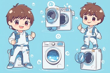 Cute cartoon boy mascot character in washing machine repairman uniform, standing next to washing machine, isolated on blue background.