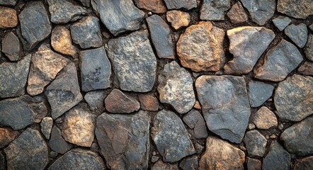 Obraz premium Close-up of a weathered stone wall showcasing various textured stones in natural shades