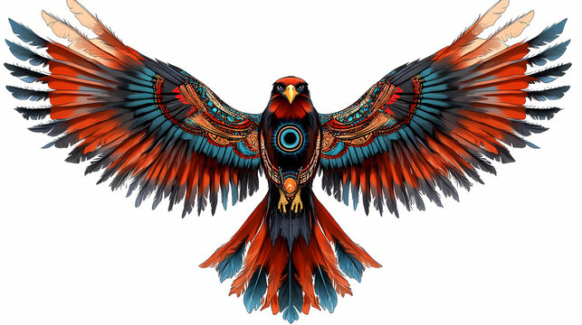 Majestic navajo thunderbird wings spread wide, feathers ruffled by stormy winds, eye of fierce storm at center, symbolizing spiritual power and protection. Thunderbird. Illustration
