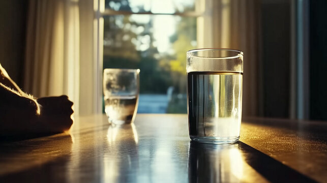 Un bicchiere di vetro trasparente su un tavolo arancione in un contesto minimalista. Eleganza e semplicit&agrave; in un oggetto essenziale e raffinato.