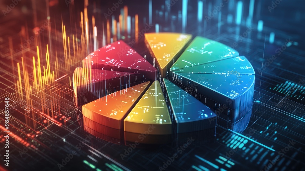 Poster a detailed 3d pie chart with metallic slices in various colors, symbolizing data distribution in a h