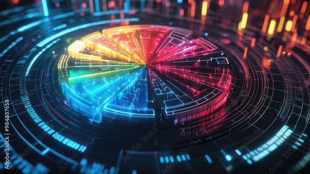 Poster a detailed 3d pie chart with metallic slices in various colors, symbolizing data distribution in a h