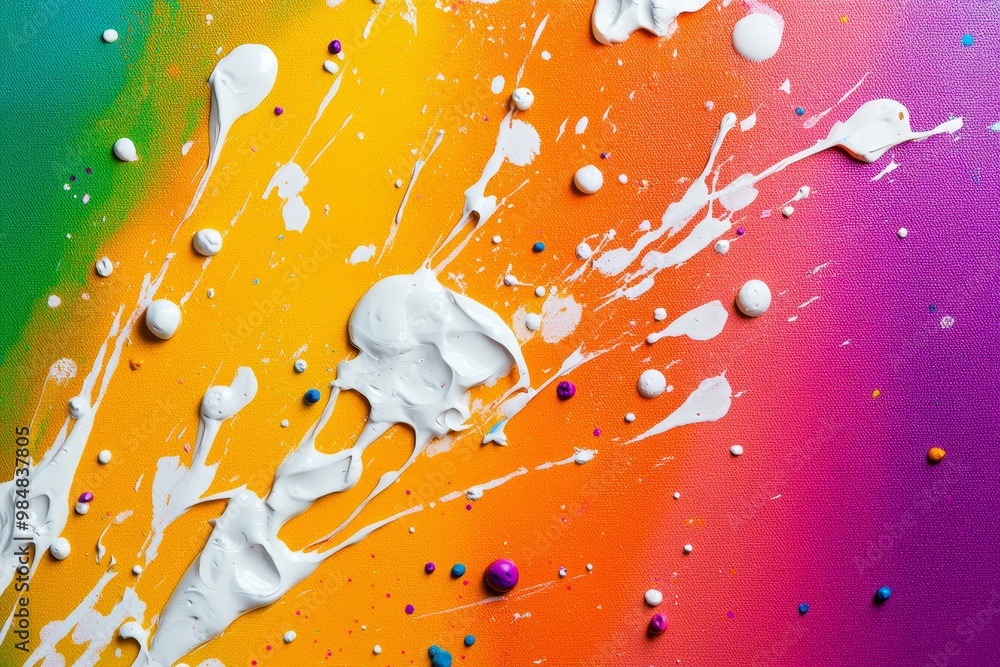 Poster vibrant canvas texture with white paint splatters, creating abstract shapes against a colorful backg