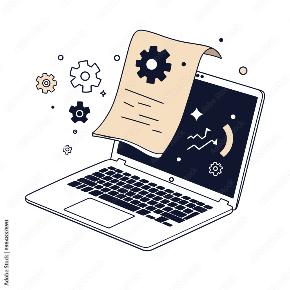Poster illustration of a laptop with floating documents and gears symbolizing digital workflow automation.