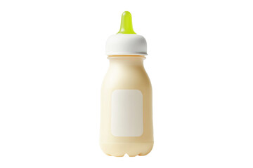 Baby bottle filled with milk with a green nipple isolated on white background. Concept of baby feeding and nutrition