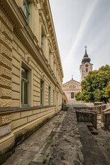 Beautiful city and street shot with St. Francis' Church. Historic city center at day. Summer...