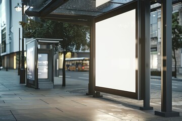 A large white billboard sits on a city street at night, generative ai image