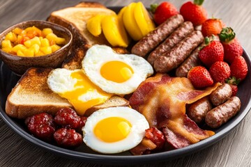A traditional breakfast spread with eggs, toast, sausage, bacon, and fresh fruit, served on a wooden table