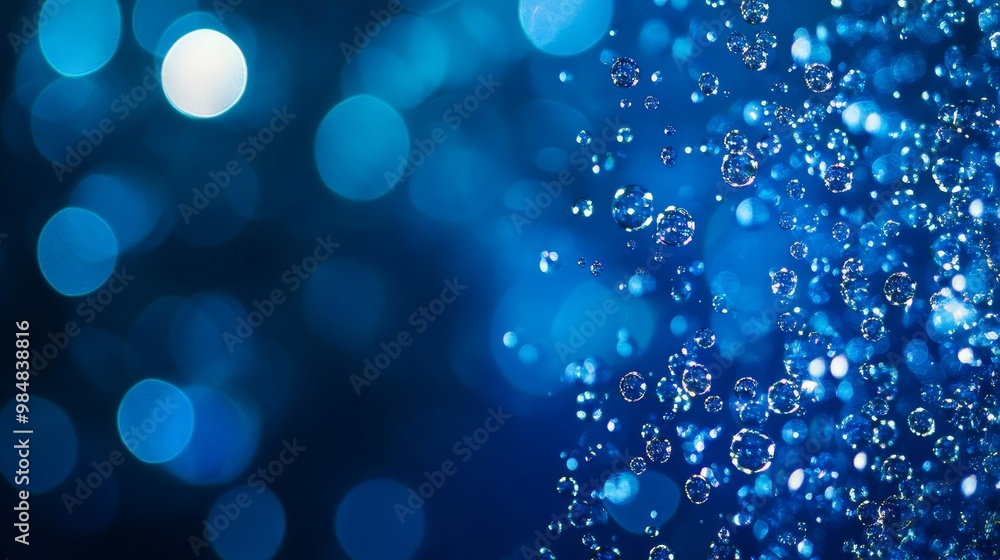 Poster abstract blue background with bokeh and floating bubbles, symbolizing freshness, purity, tranquility