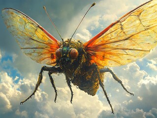 Close Up of a Flying Insect with Intricate Wings