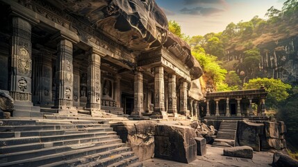 Majestic Ancient Temple with Ornate Carved Columns at Sunset