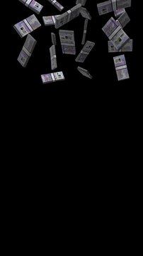 Vertical 500 Jamaican Dollars Falling Animation Stacks Of Money On Black Screen