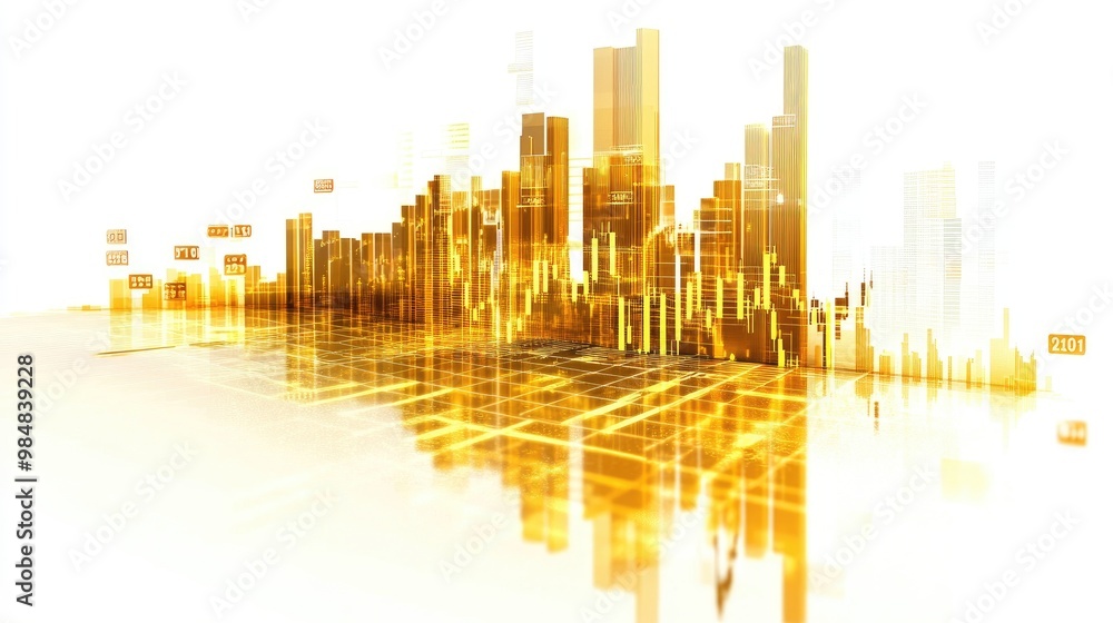 Poster a detailed view of a gold trading graph with candlestick patterns and indicators, displayed on a dig