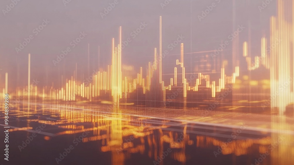 Poster a detailed view of a gold trading graph with candlestick patterns and indicators, displayed on a dig