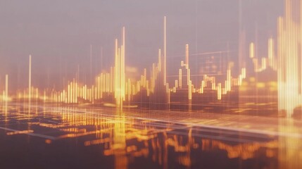 A detailed view of a gold trading graph with candlestick patterns and indicators, displayed on a digital device, set against a simple, white backdrop.