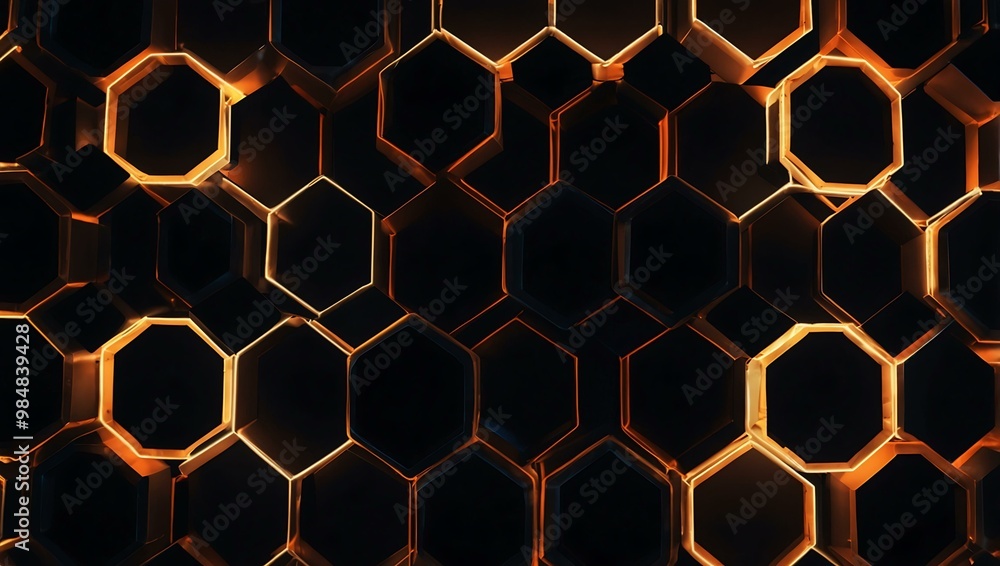 Poster hexagonal patterns and glowing lights in a dark backdrop.