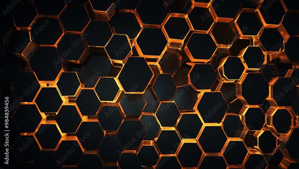 Poster hexagonal patterns and glowing lights in a dark backdrop.