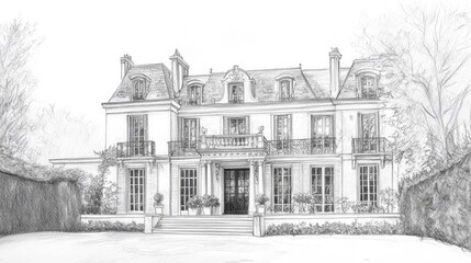 A pencil sketch of a classic French mansion with a symmetrical facade, multiple windows, a grand entrance, and a garden.