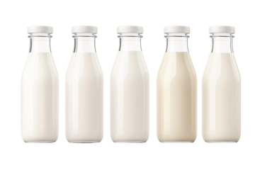Milk bottles with caps aligned in a row, isolated on white background. Concept of dairy products and freshness
