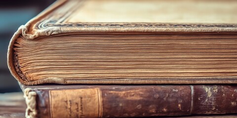 Obraz premium A detailed close-up side view of aged books stacked on a wooden surface, emphasizing their antiquity and history.