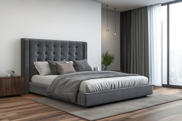 A bedroom with a large bed, a nightstand, and a potted plant, generative ai image