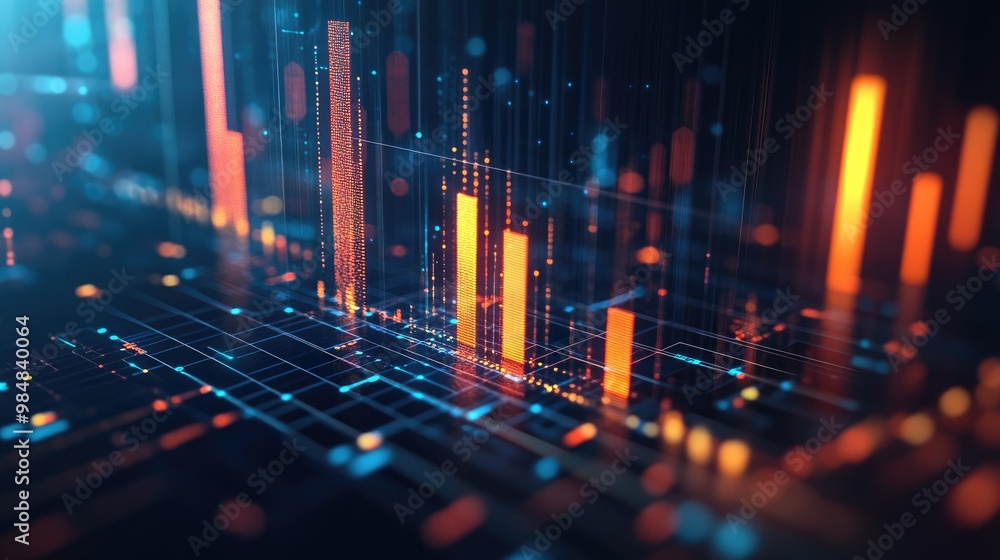 Poster a digital 3d bar chart with glowing edges and deep shadows, set against a dark background, represent