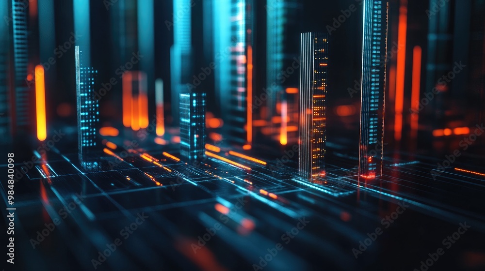Poster a digital 3d bar chart with glowing edges and deep shadows, set against a dark background, represent