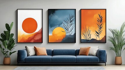 Abstract background of art illustration framed in minimalism style modern geometric pop art, three boho tropical plant and flower artwork picture frame collection set on wall.