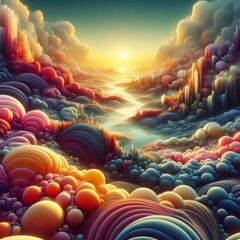 Obraz premium A dreamy landscape filled with rolling colorful hills and abstract, fluffy clouds, bathed in warm sunlight. The scene evokes a serene and imaginative atmosphere, blending nature and surreal