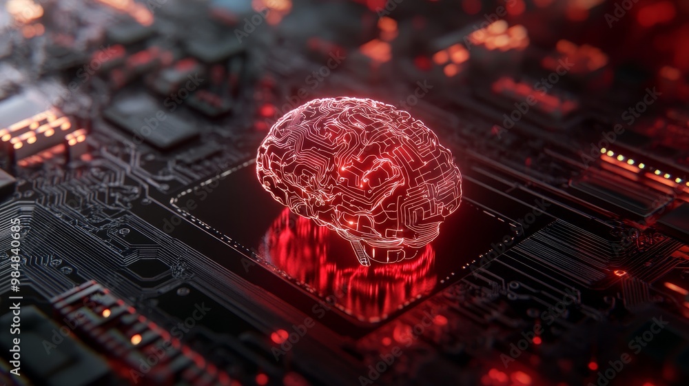 Poster digital brain: the future of ai, a 3d of a brain with circuits symbolizing intelligence, technology,