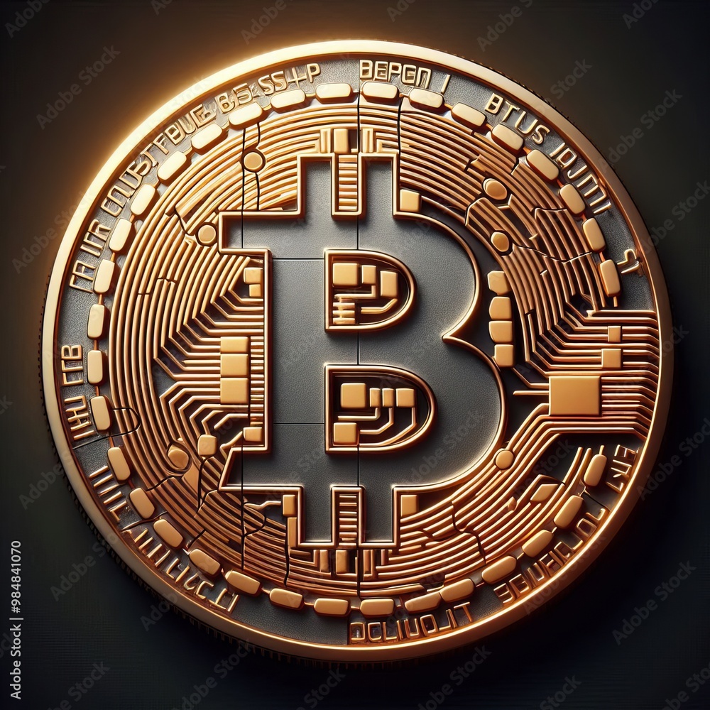 Poster a highly detailed, close-up image of a golden bitcoin symbol, emphasizing intricate circuit patterns