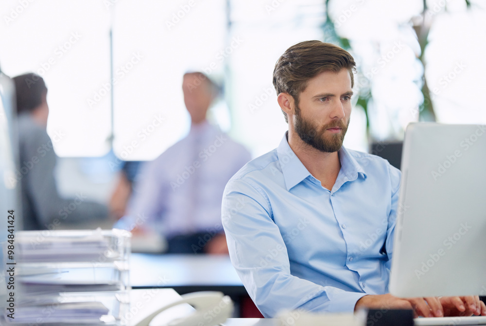 Poster office, businessman and typing on computer for email, page update and online information. career, ma