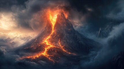 Fototapeta premium A dramatic eruption of a volcano with lava flowing down the sides and ash clouds billowing into the sky, set against a dark, moody background.