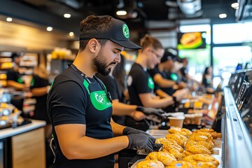 Franchise logo and branding consistency, with employees wearing branded uniforms and matching store designs