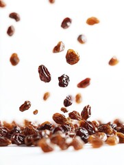 Obraz premium Close-up of multiple raisins floating against a white background.