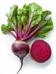 Fresh beetroot with vibrant green leaves and a sliced interior showcasing its rich red color, perfect for healthy meal prep, white background