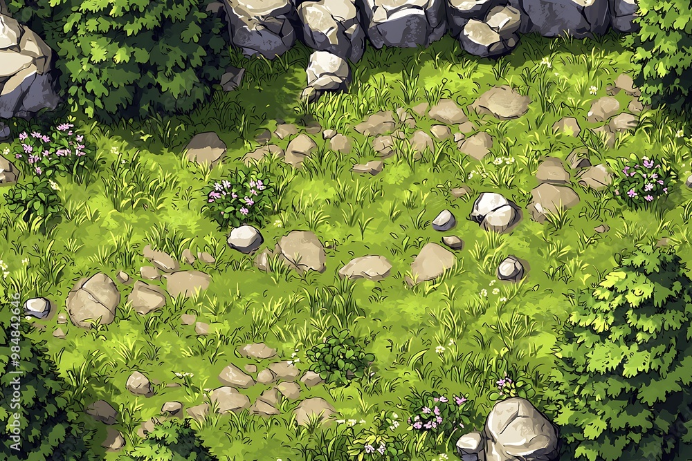 Poster top down view of a stone path through a grassy field in a forest. perfect for game development or fa