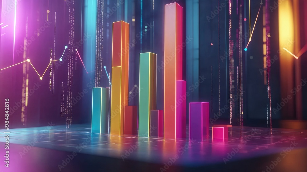 Poster A dynamic 3D bar graph with vibrant colors representing different financial metrics, rising from a sleek platform, with lines and numbers floating in the background