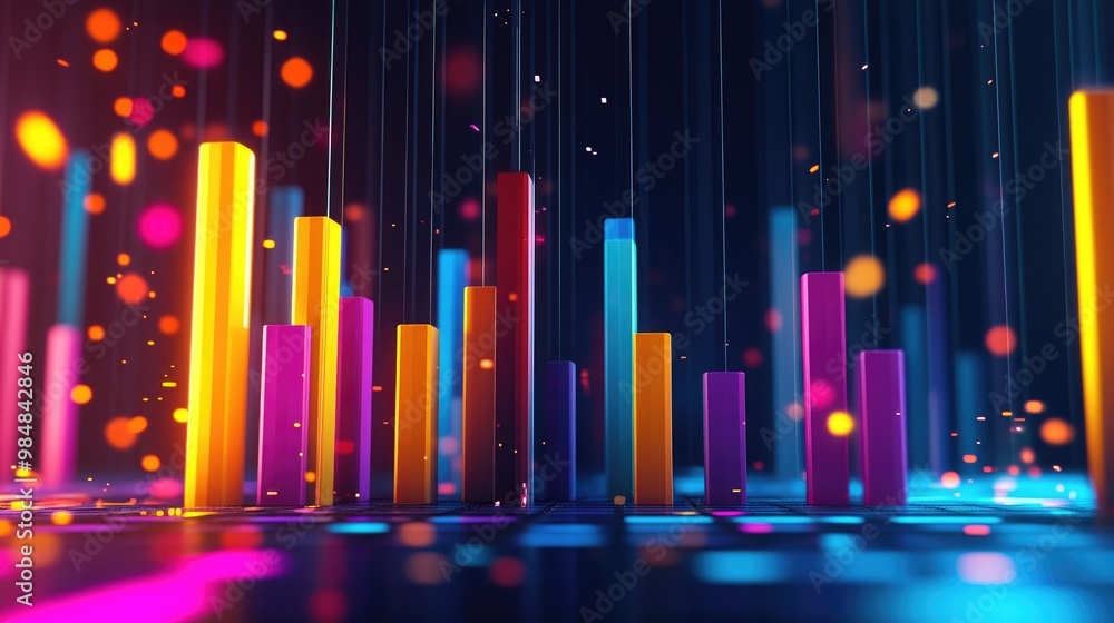 Poster a dynamic 3d bar graph showing quarterly financial growth, with vibrant colors and data points empha