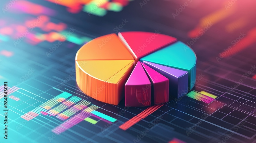 Poster a dynamic 3d pie chart with vibrant sections, hovering above a grid background with digital data and