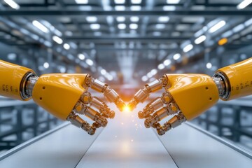 Breakthrough in automation, visualized with futuristic robotic arms and minimalistic industrial backgrounds